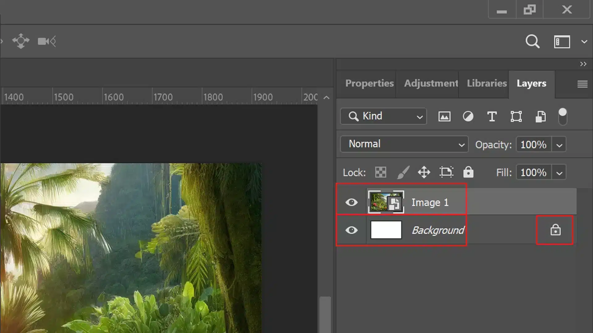 A photo of Adobe Photoshop showing an exotic wilderness image open with two layers visible in the 'Layers' panel. One layer is labeled 'Image 1,' and the other is labeled 'Background,' which is locked.
