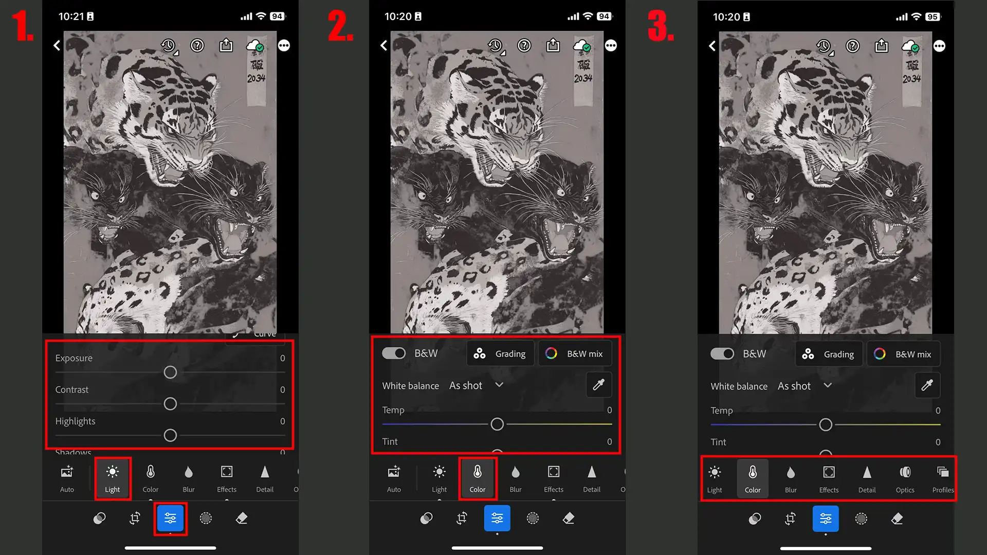 Editing a single image in Lightroom Mobile to set base edits for batch processing.
