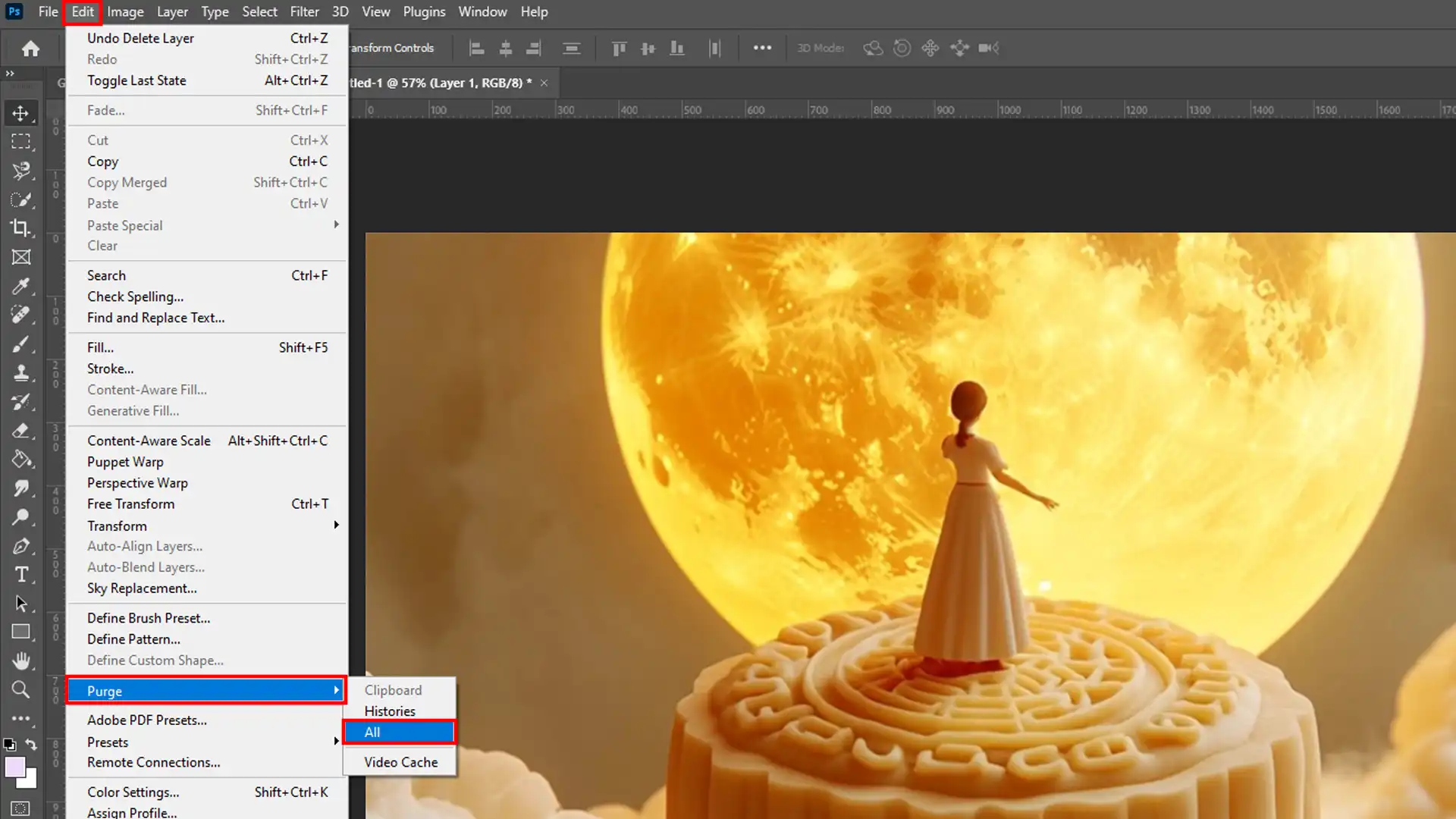 Photoshop Preferences window showing options to manage memory usage, cache levels, and GPU settings.