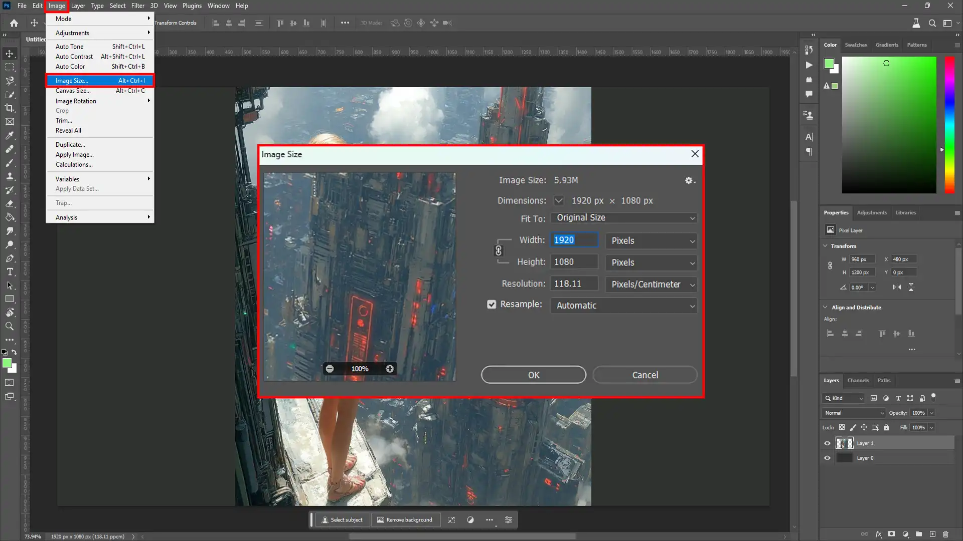 Photoshop interface showing the image size adjustment window for resizing images.