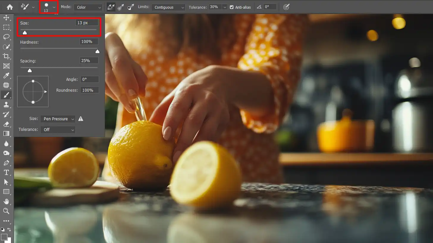 Adjusting brush properties for the Color Replacement Tool in Photoshop