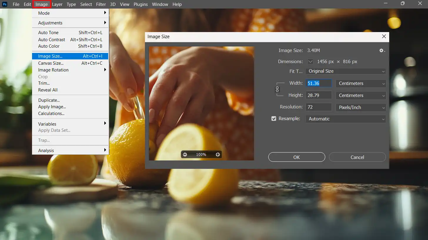 Resizing an image in Photoshop after applying color replacement