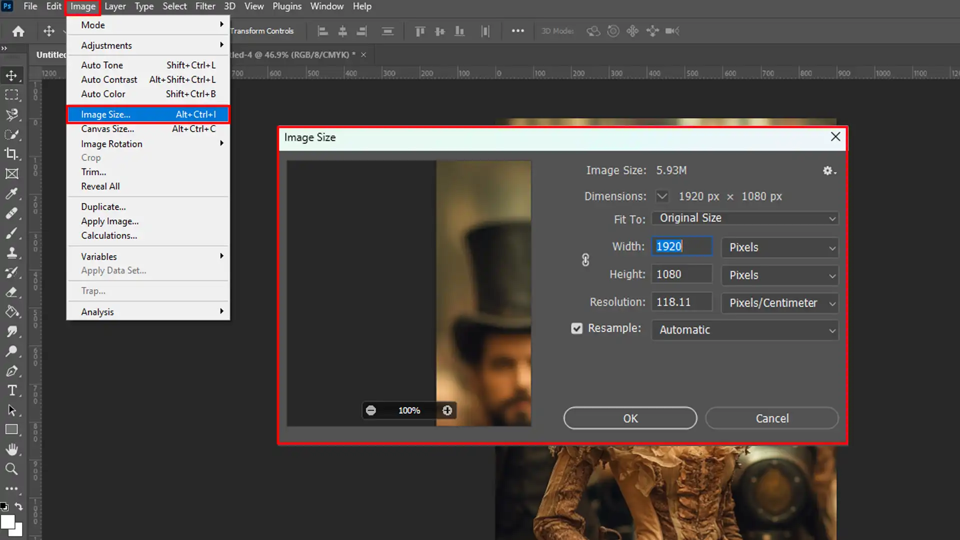 Resizing an image in Photoshop before applying effects