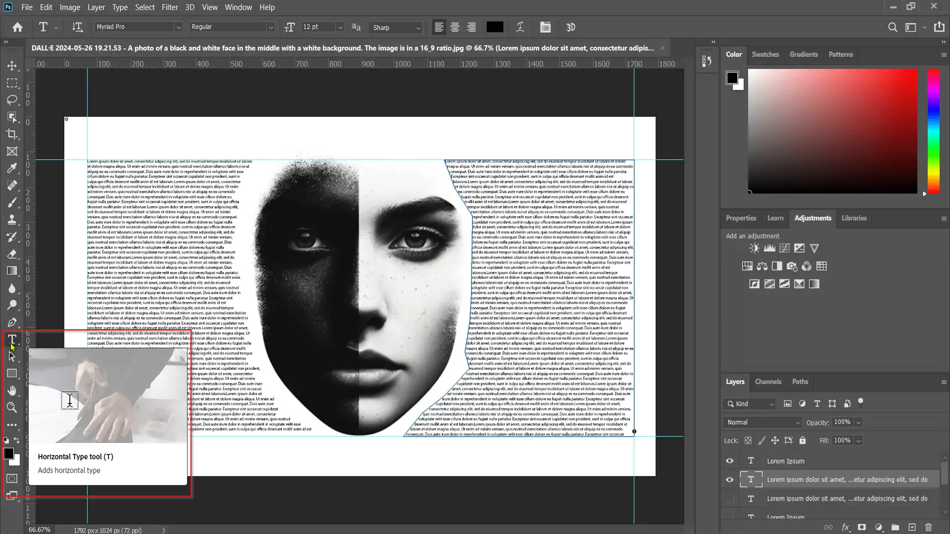 Ps interface showing a typographic portrait of a face with text around.