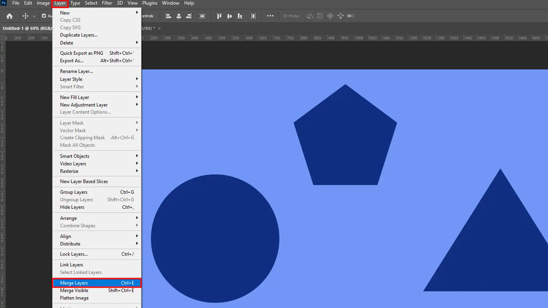 Photoshop interface with the 'Layer' menu open, highlighting the 'Merge Layers' option for combining selected layers.