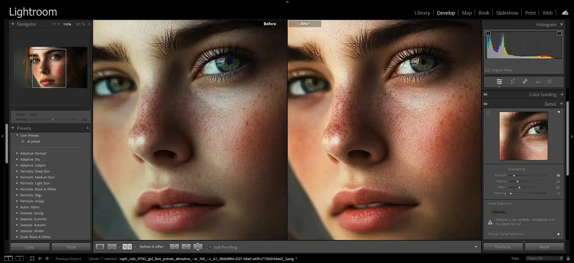 A close-up portrait of a woman displayed in Adobe Lightroom, with a side-by-side before and after comparison. The refined version on the right shows enhanced sharpening, color grading, and detailed skin tones.