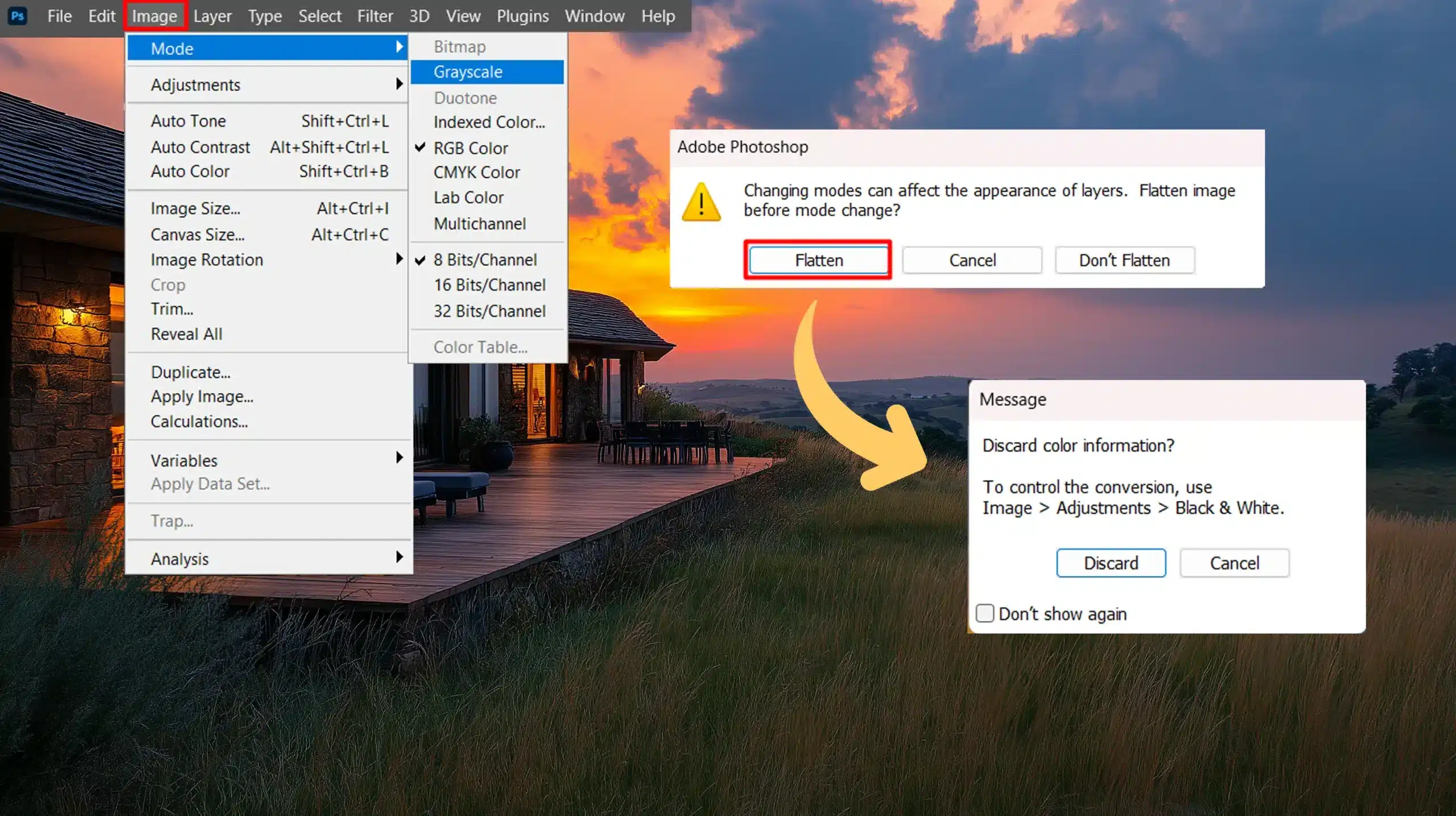 Ps menu options for transfering to achromatic style.