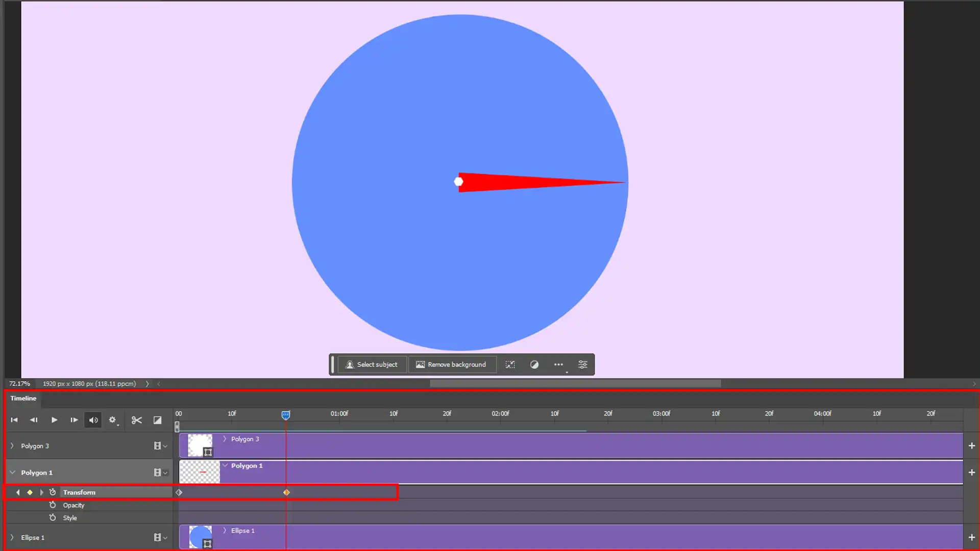 Photoshop interface showing a step-by-step animation process using the Timeline panel and various layers.