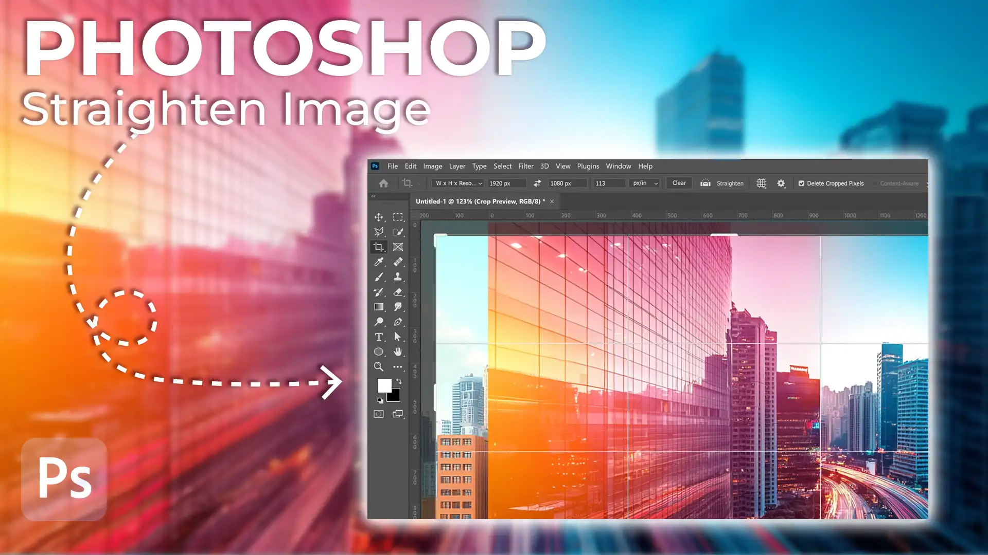 A screenshot of Photoshop's interface showing the straighten tool in action, with a tilted cityscape photo being adjusted to create a perfectly aligned image.