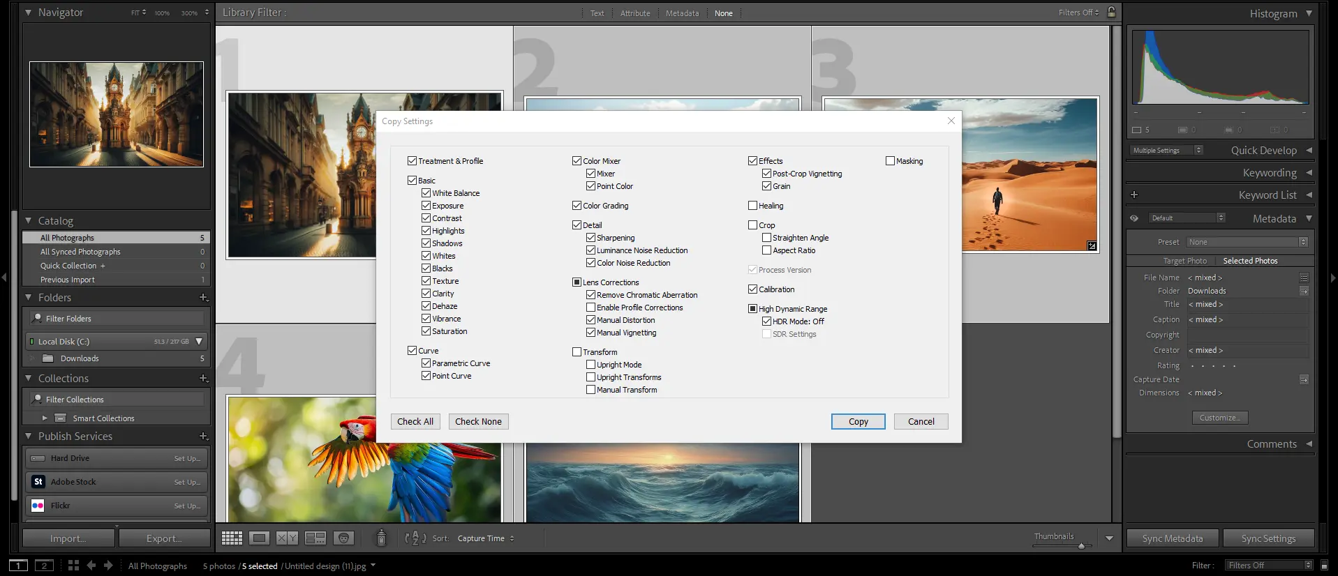 Interface showing batch editing options for synchronizing adjustments across multiple photos, including exposure and contrast settings.