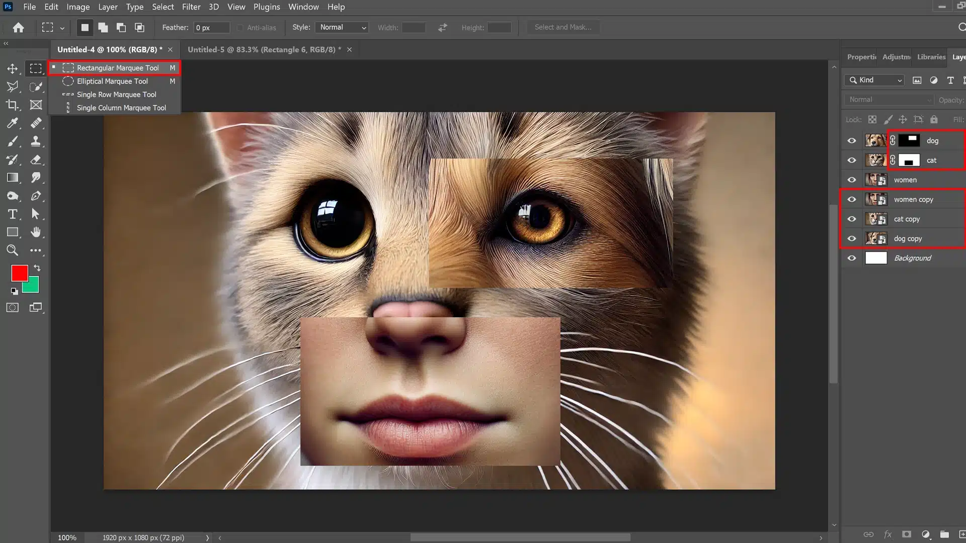 Ps interface displaying a composite image with different cropped sections using the Rectangular Marquee Tool, illustrating techniques for cropping individual layers of a cat, woman, and dog image without affecting other layers.