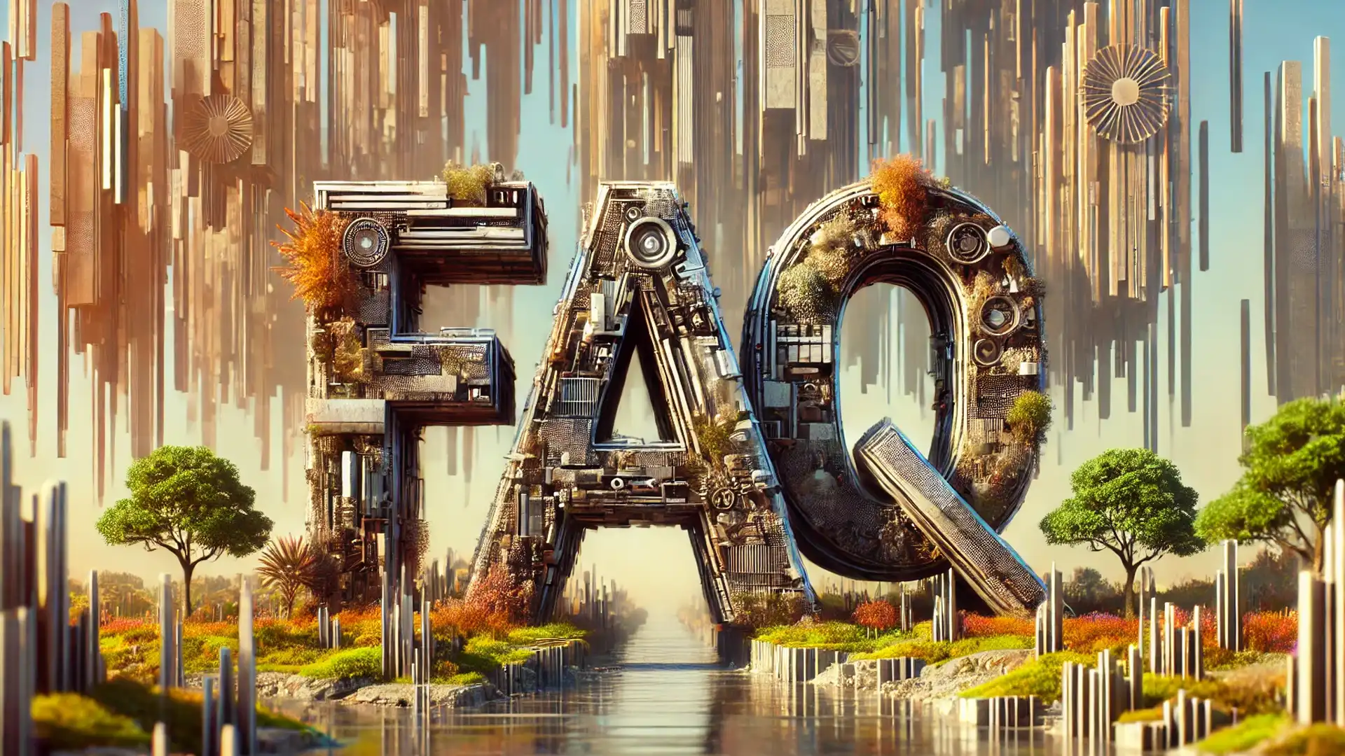 Large, bold "FAQ" letters in a futuristic and imaginative environment with textured effects, like metal and stone, integrated into a surreal landscape with trees, water, and abstract elements.