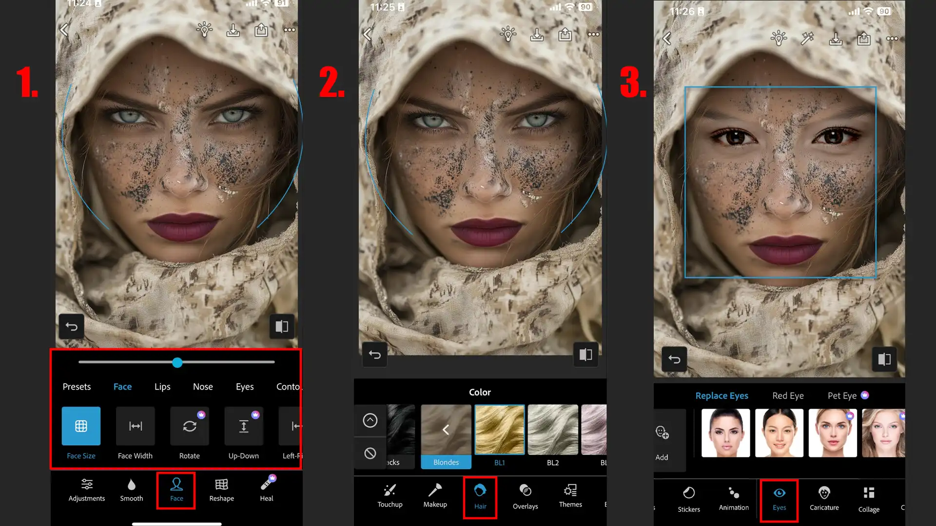 Screenshots demonstrating face adjustments and color editing tools in Photoshop Express.
