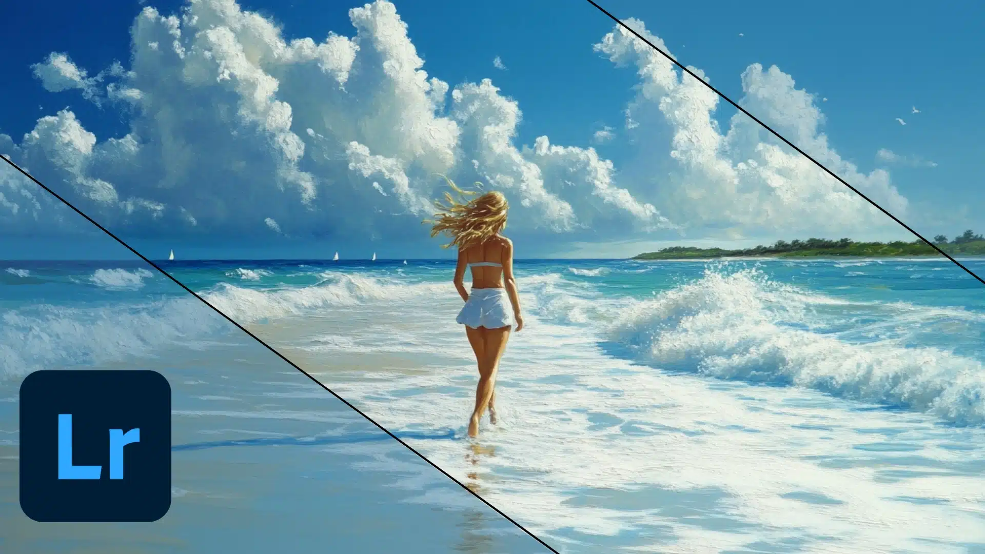 A split-screen image showing a beach scene with a woman walking on the shore, edited using Advanced Editing Techniques in Lightroom Photo Editing Software, highlighting before and after enhancements.