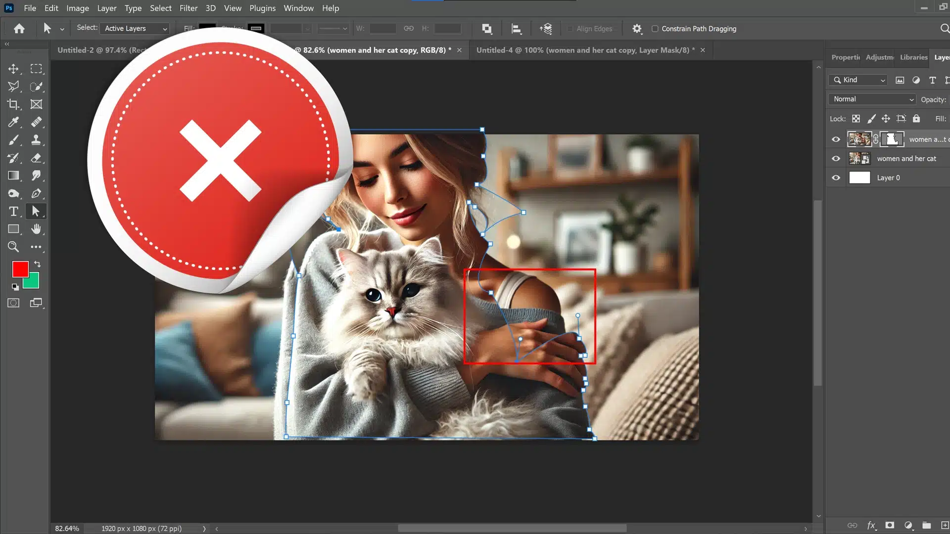 Ps interface showing a red error icon over an image with a vector mask applied, demonstrating common mistakes when using vector masks, such as incorrect path placement.