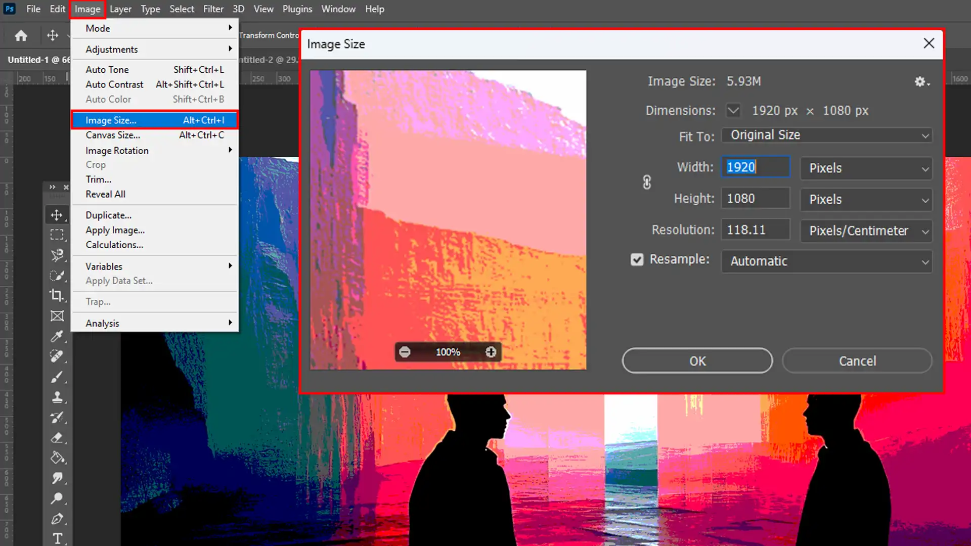 Screenshot of the image size dialog box in Photoshop, showing the resolution and pixel dimensions of an image in posterization mode.
