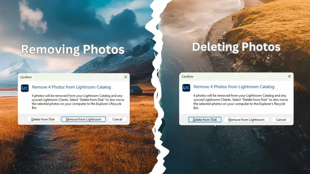 A split-image comparison showing two dialog boxes from Adobe Lightroom Classic, highlighting the differences between removing photos from the catalog and deleting photos from the disk.