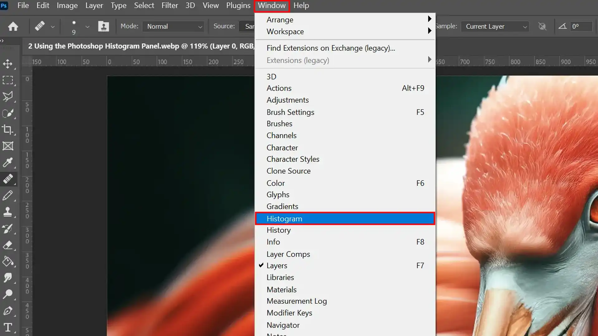 Photoshop menu showing the path to access the Histogram panel under the Window tab, highlighted in the interface.