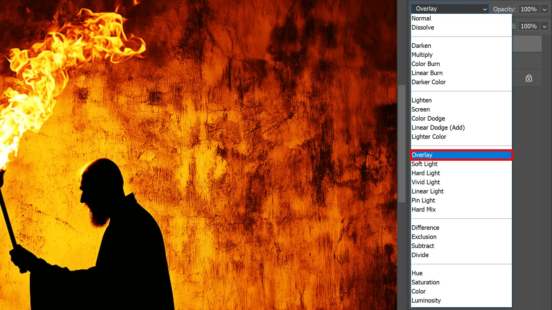 Photoshop blending mode options menu with Overlay selected for enhancing fire effects.