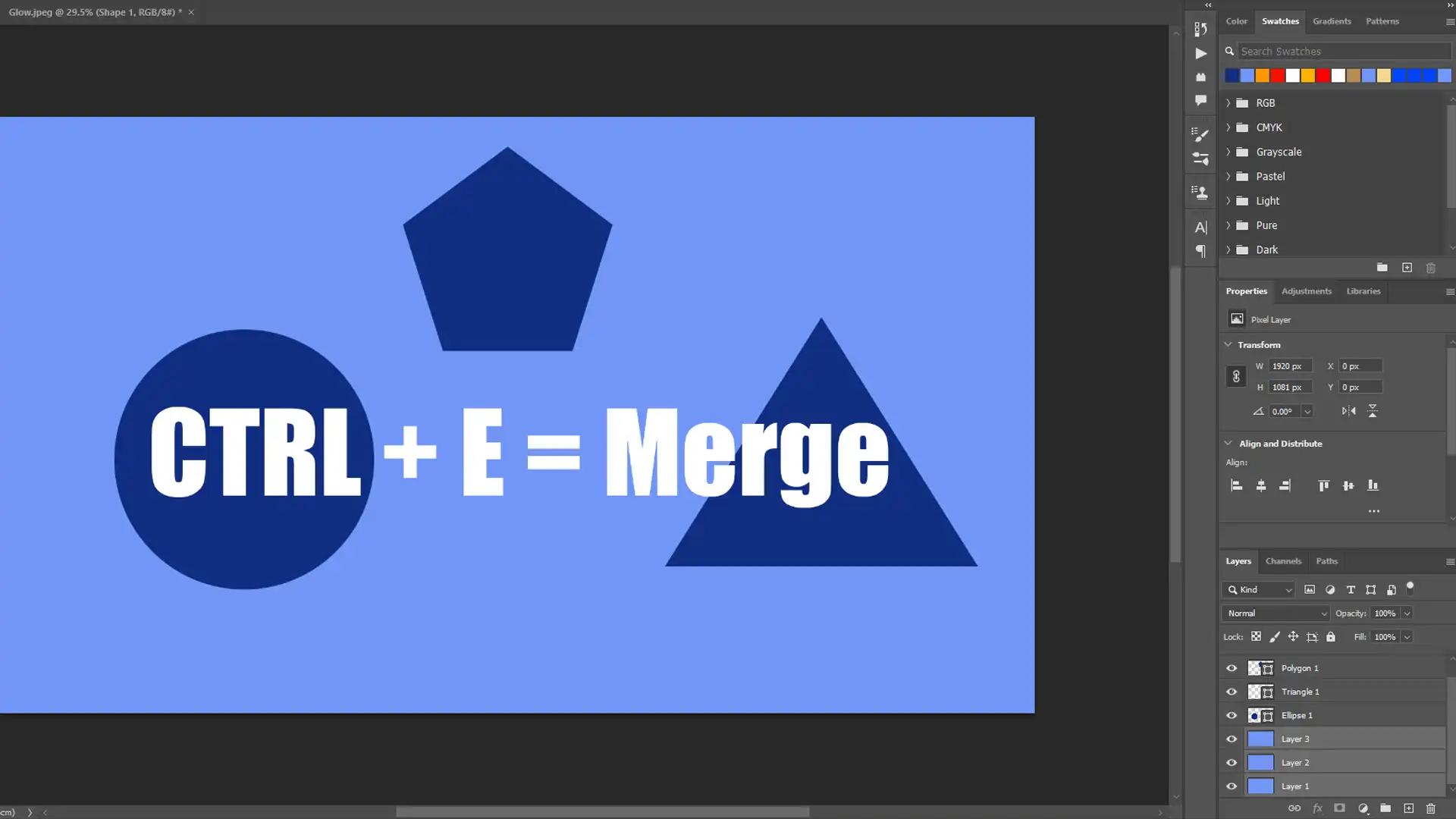 Photoshop interface showing shapes and the text 'CTRL + E = Merge' demonstrating a keyboard shortcut for merging layers.