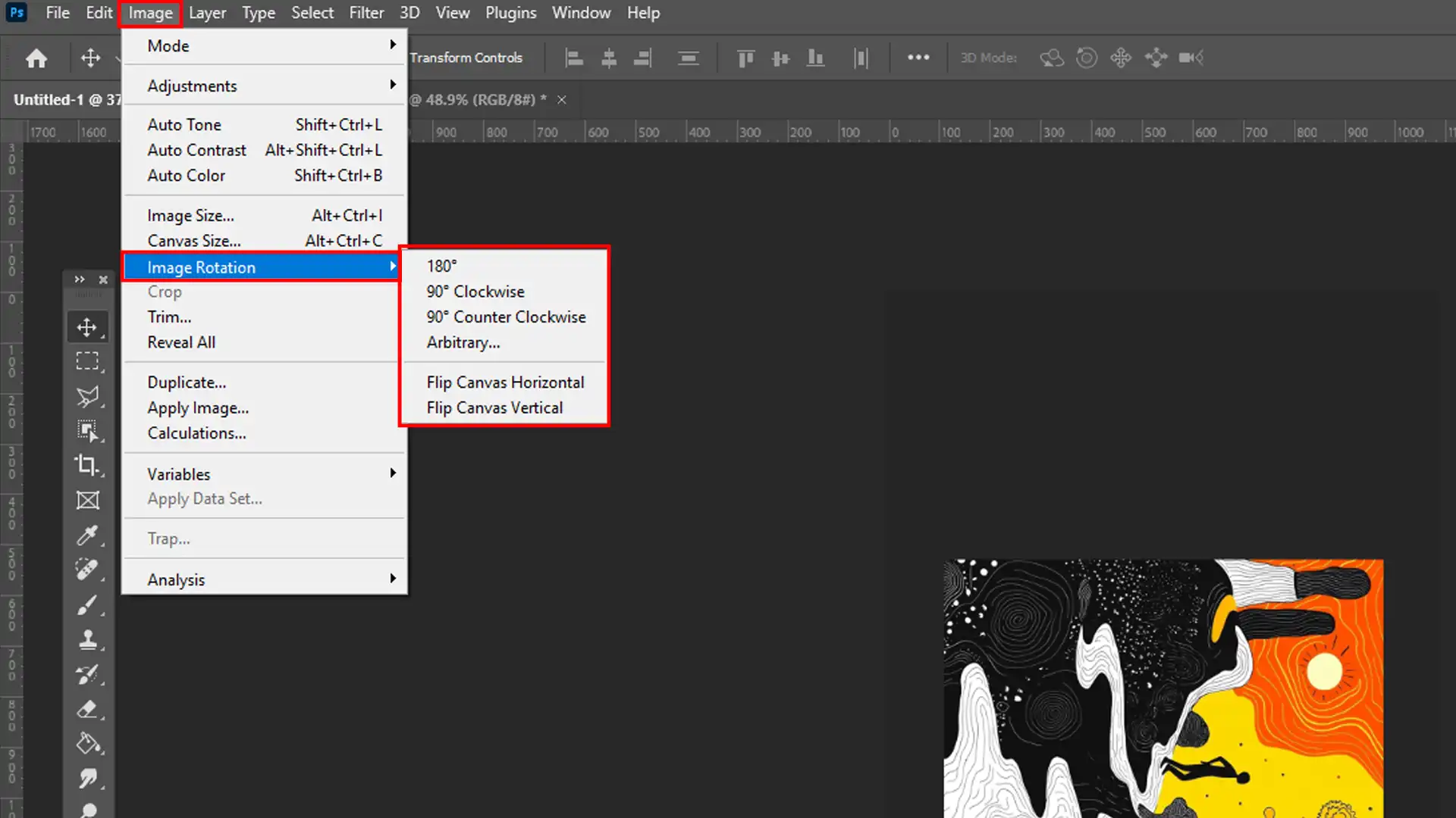 PS showing the pciture menu with revolve options.