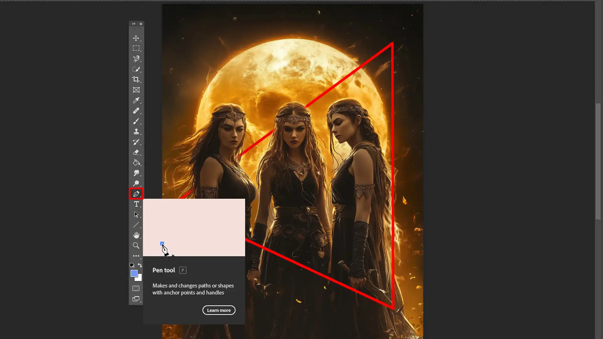 Photoshop interface with the Pen Tool selected, showcasing path options for creating glowing text and shapes.