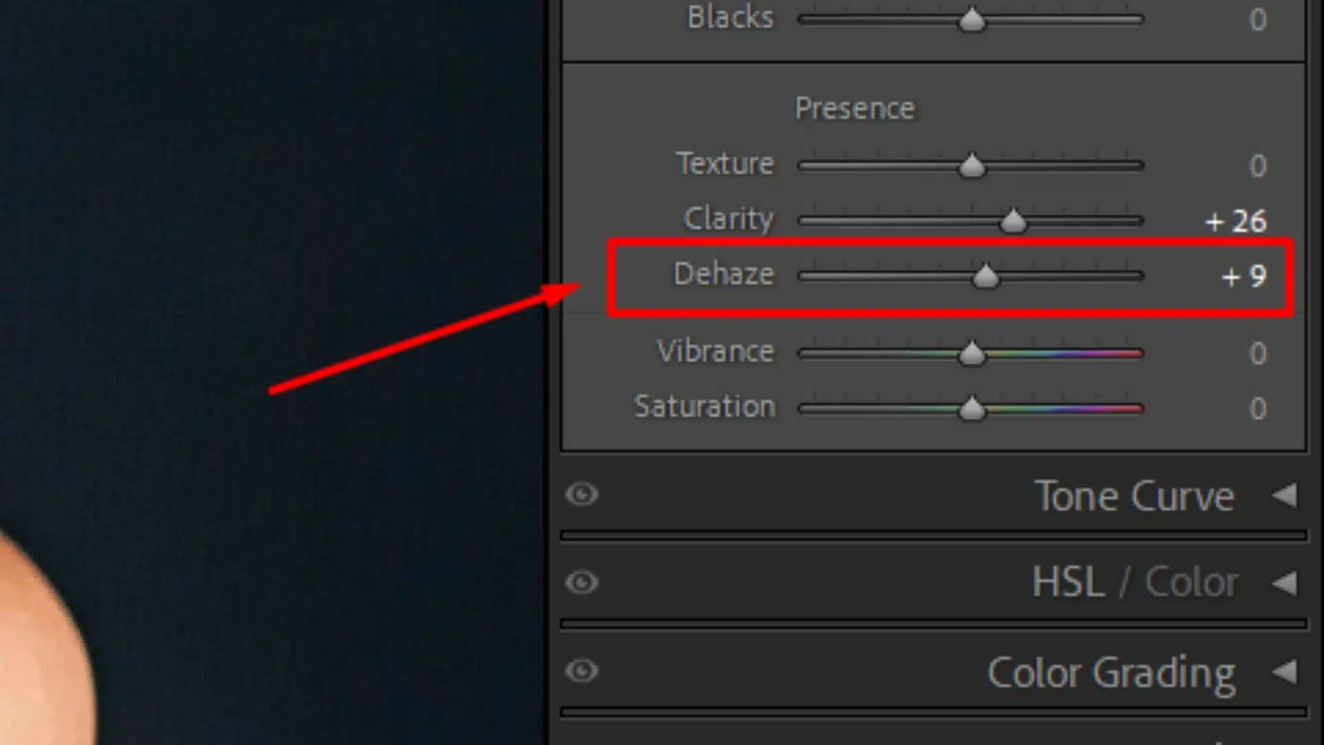 Screenshot of the Dehaze slider in Adobe Lightroom’s Effects panel, used to reduce haze and enhance image clarity and brightness.