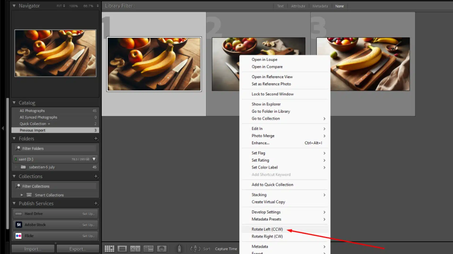 Lightroom Classic Library Module showing a popup menu with options to rotate an image left or right, demonstrated on a photo of fruit.