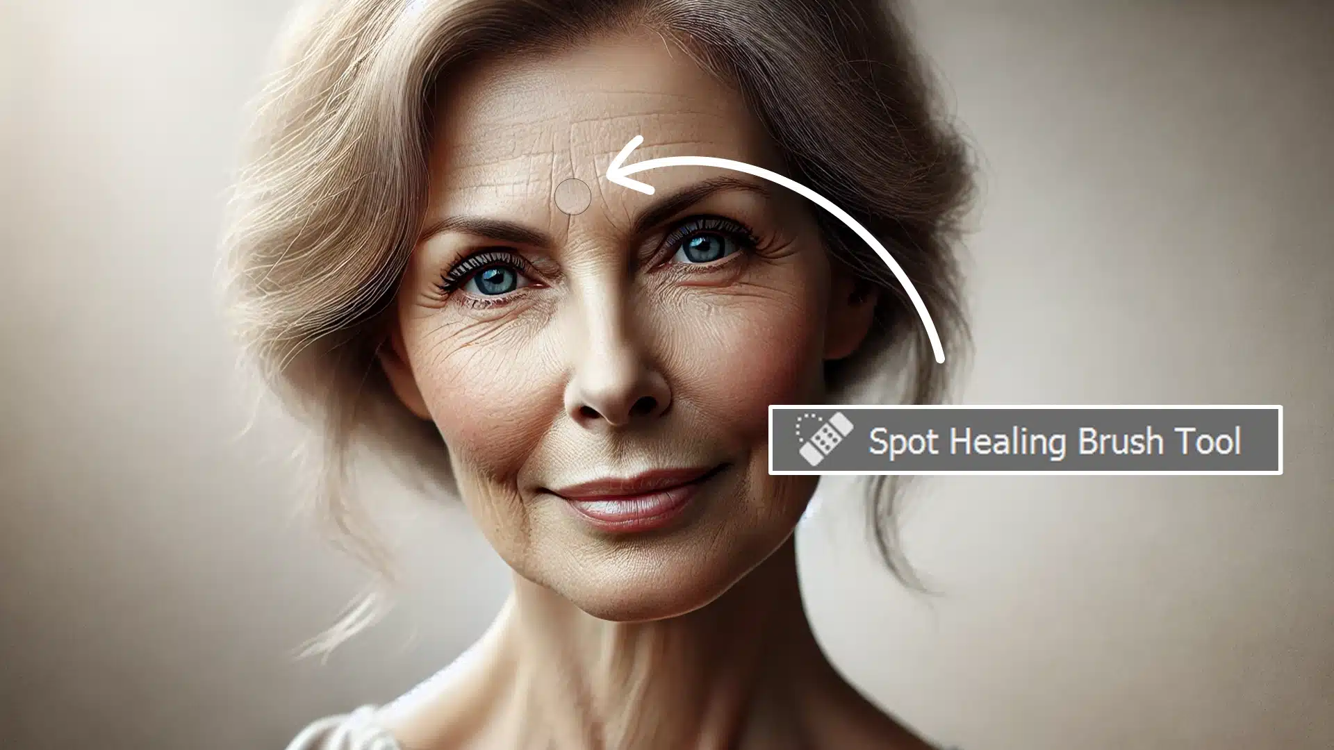 Image of an older woman’s face with a demonstration of the Spot Healing Brush Tool in ps , showing how to fix face from the forehead area.