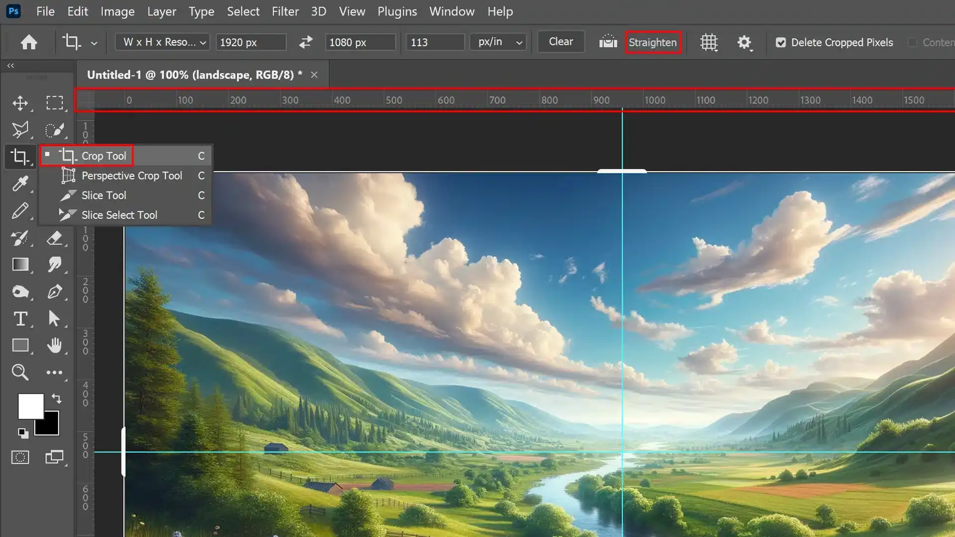 A Photoshop interface displaying a landscape photo with rolling hills, lush green fields, a winding river, and a blue sky with clouds. The Crop Tool is selected, and a blue guideline is visible for alignment.