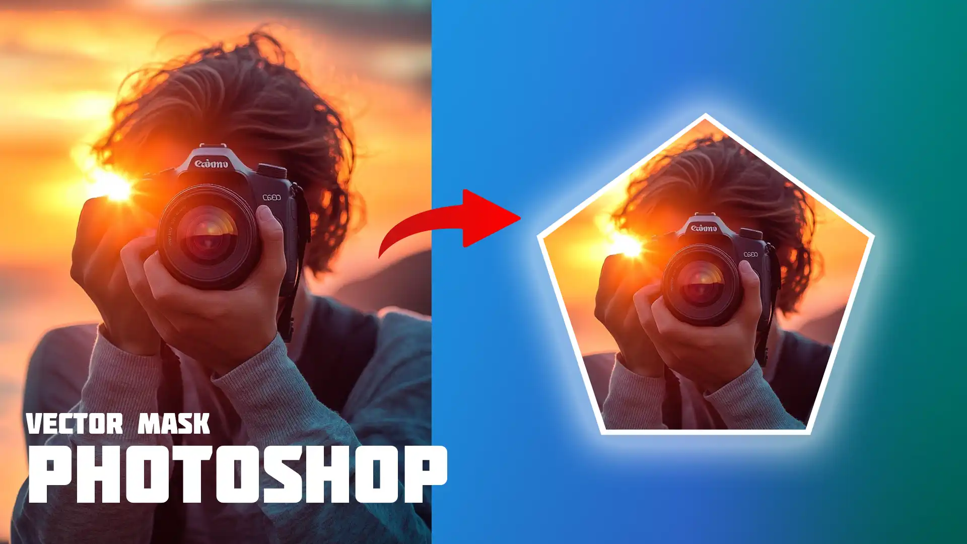 A side-by-side comparison of an original photo of a person holding a camera and the same image in a pentagon shape created using a vector mask in Photoshop.