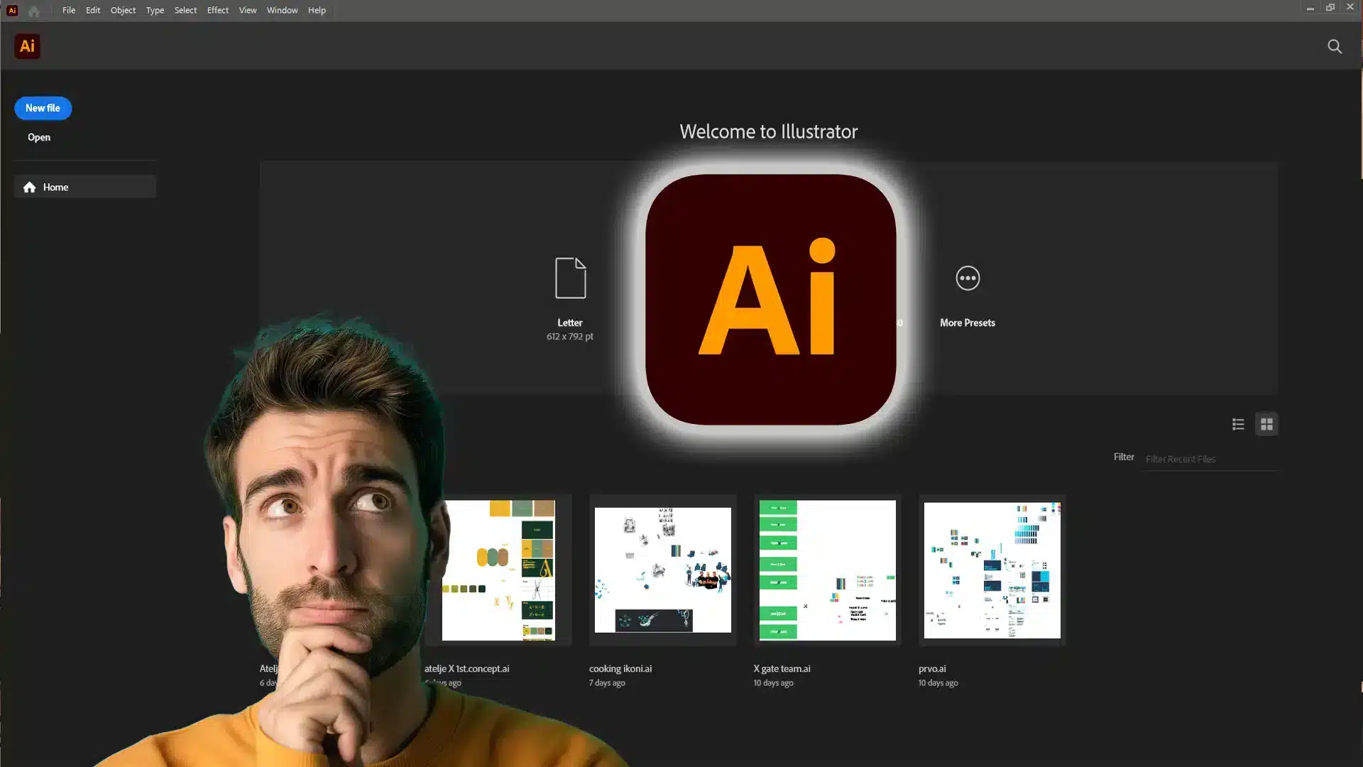 Man contemplating while looking at the Adobe Illustrator interface screen. Concept of choosing between drawing in Photoshop vs Illustrator.