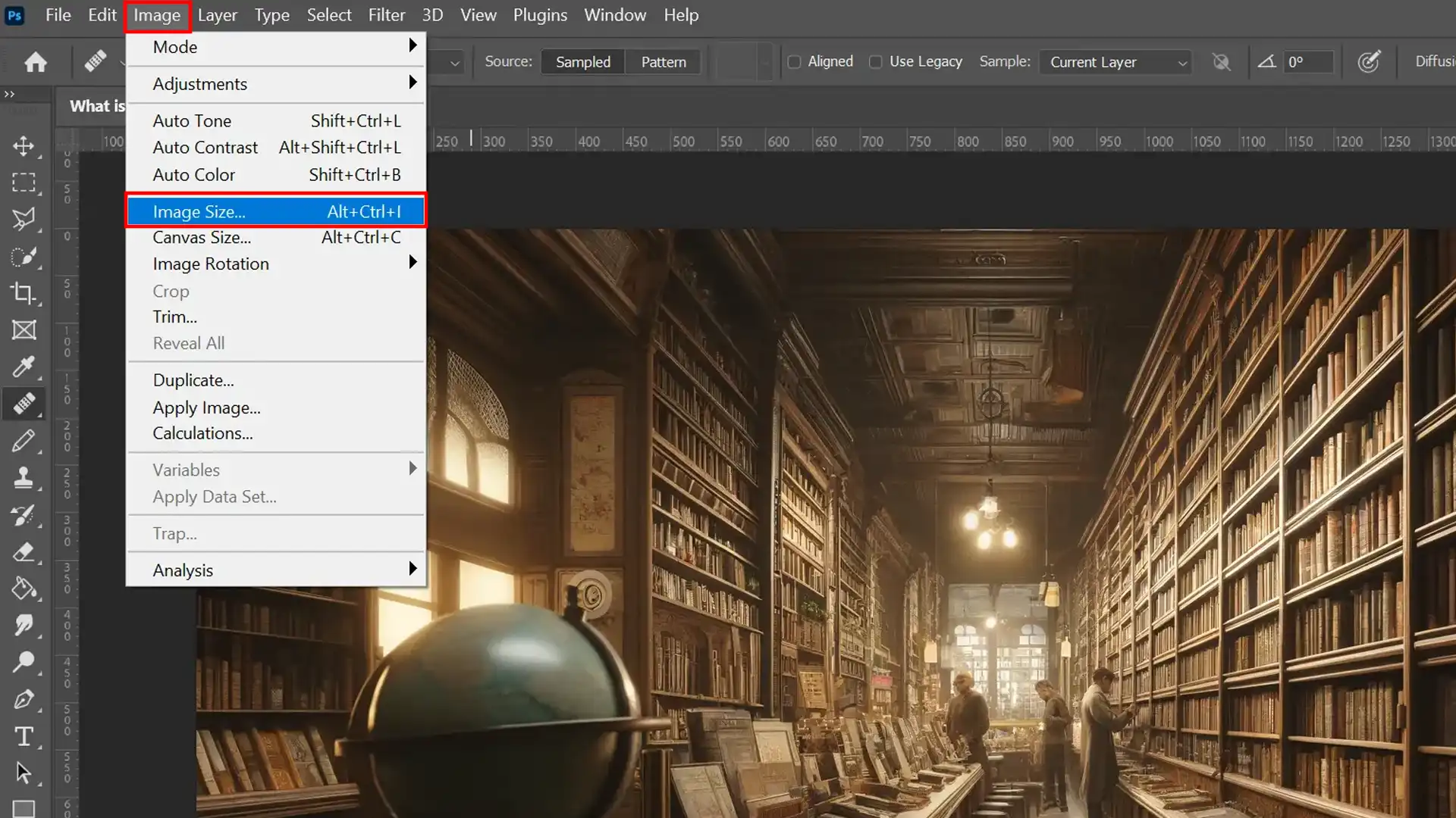 Screenshot of Ps with an open Image Size dialog box and a vintage library scene.