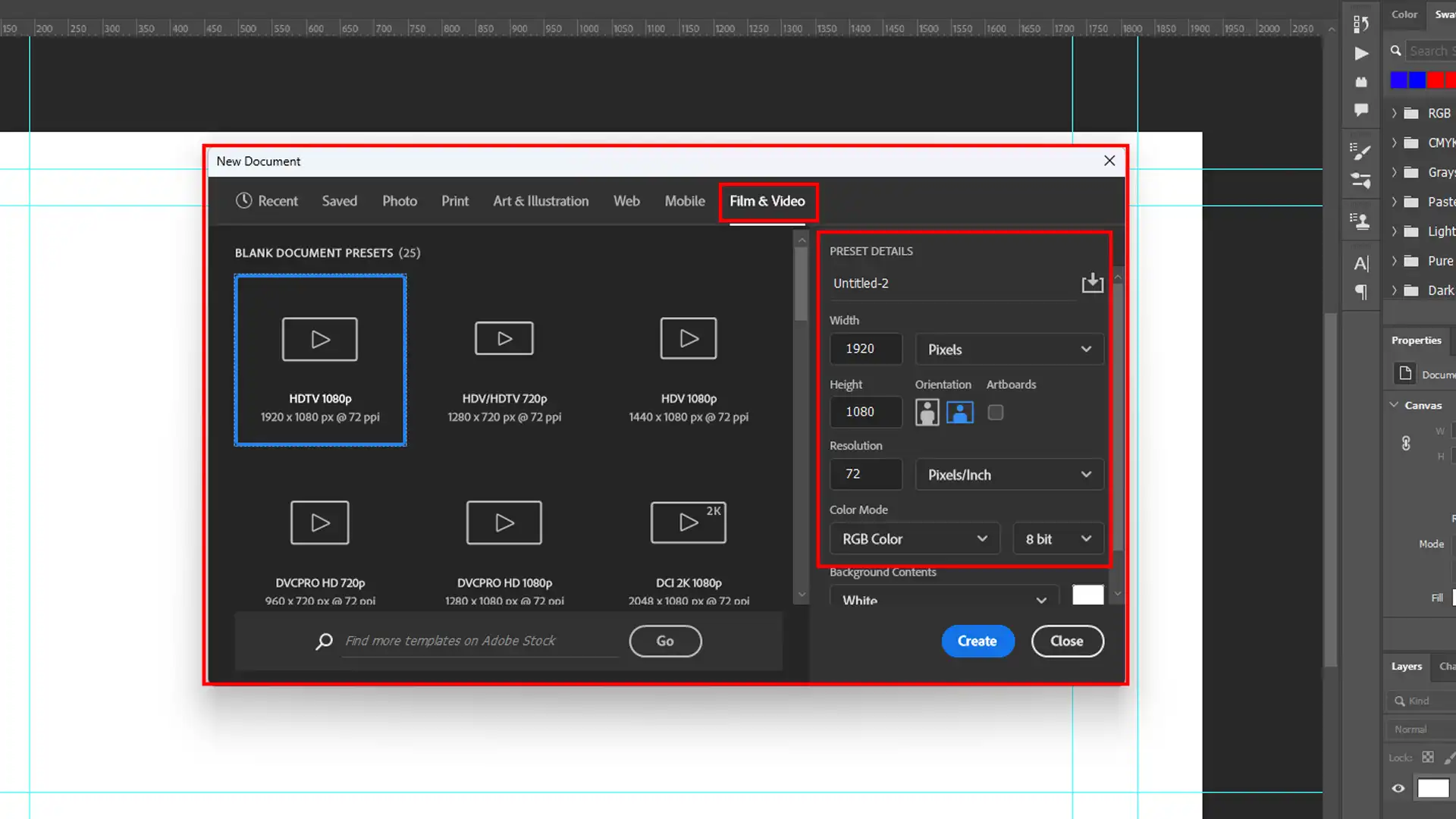 Photoshop interface showing the creation of a new document with recording presets.