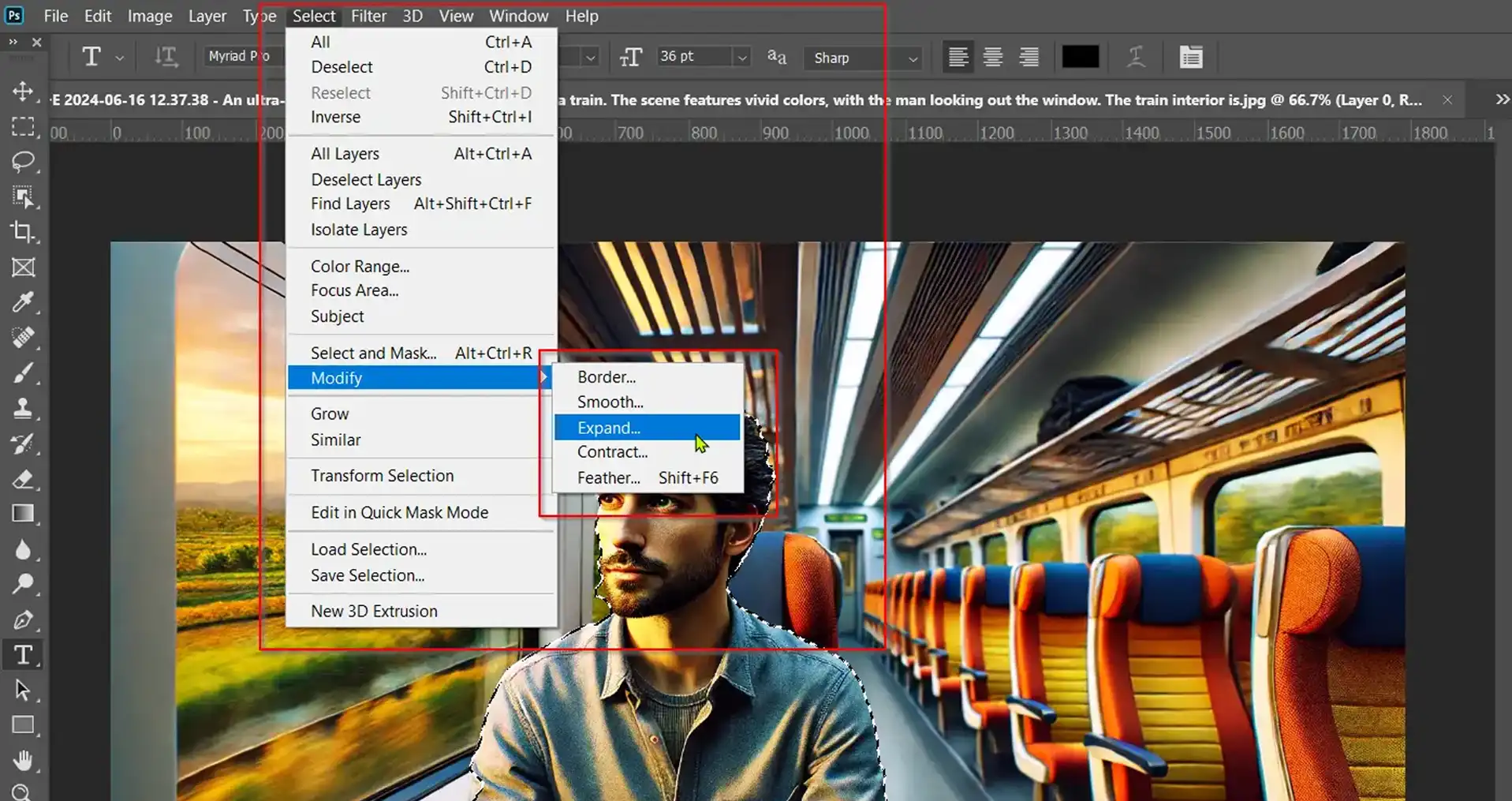 Ps interface showing typography using layers and masks over a train scene.