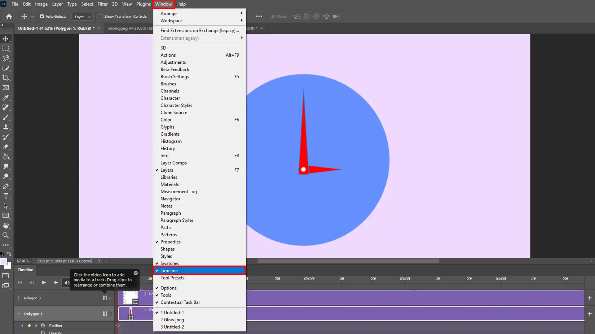 Photoshop interface with the Timeline panel displayed, showing various tracks for animation editing.