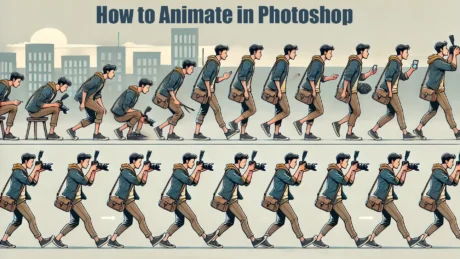 Step-by-step visual sequence showing a person walking and capturing photos, illustrating how to animate in Photoshop.