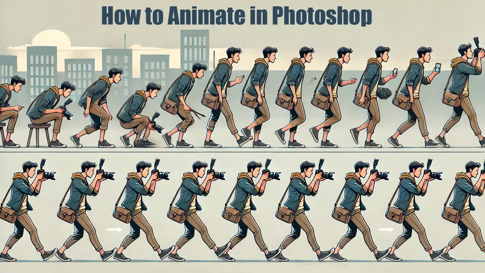 Step-by-step visual sequence showing a person walking and capturing photos, illustrating how to animate in Photoshop.