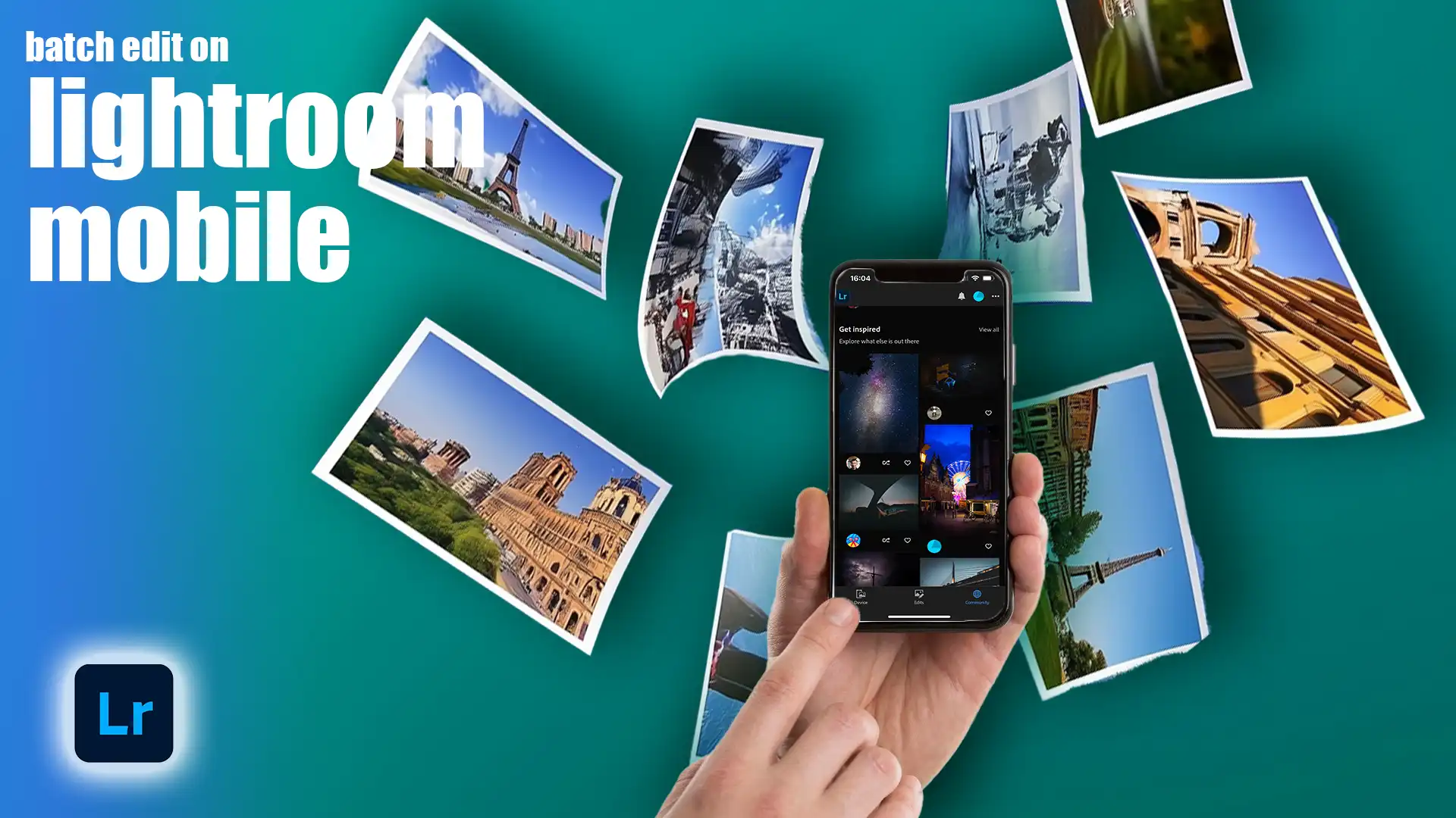 Hand holding a smartphone with Lightroom Mobile app open, surrounded by multiple edited photos, demonstrating how to batch edit on Lightroom Mobile.