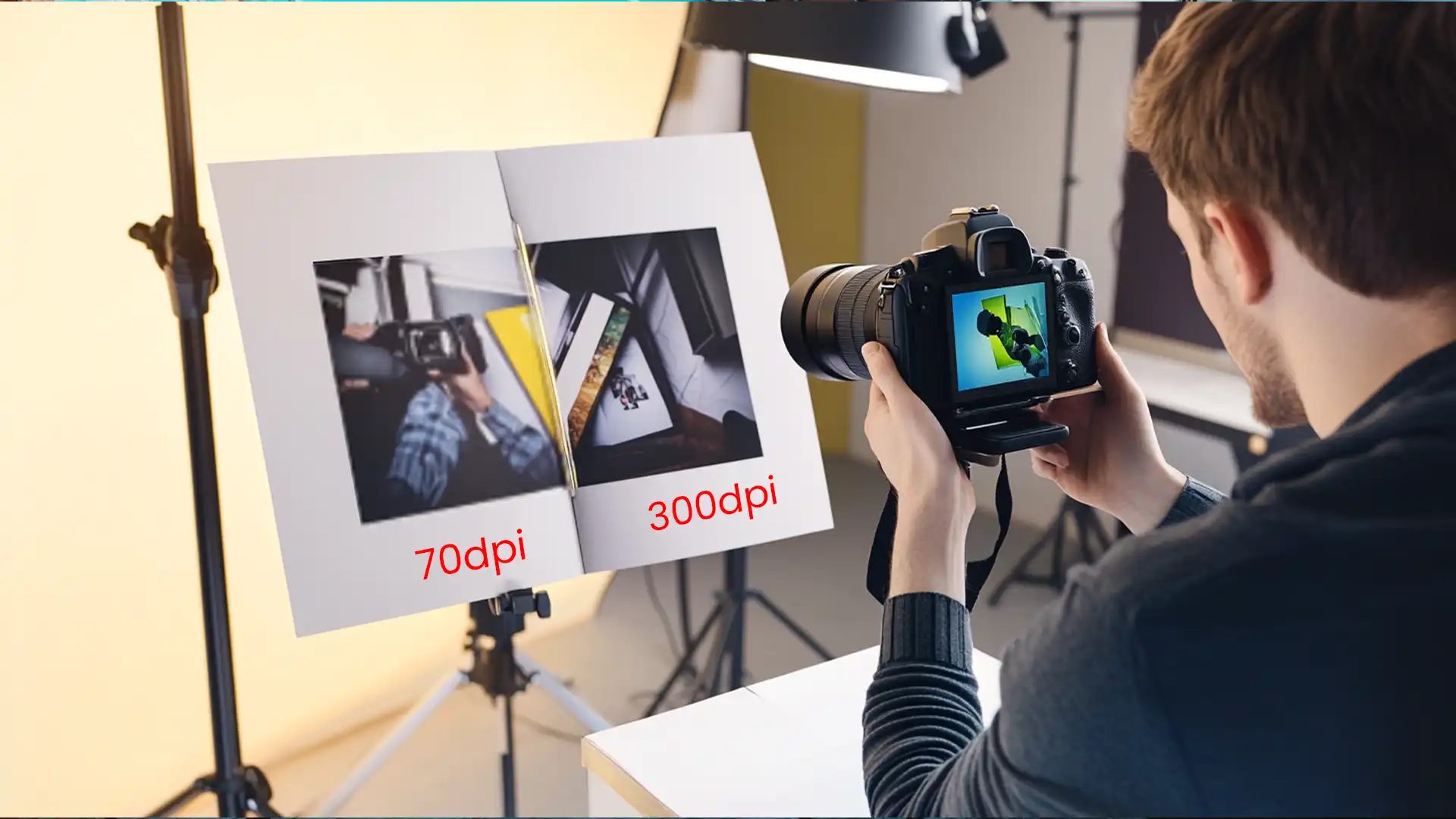 Photographer comparing printed photos at 70 DPI and 300 DPI to determine the best resolution for printing photos.