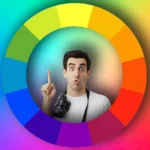 Man pointing up with a surprised expression, surrounded by a color wheel, demonstrating the Color Range feature in Photoshop.