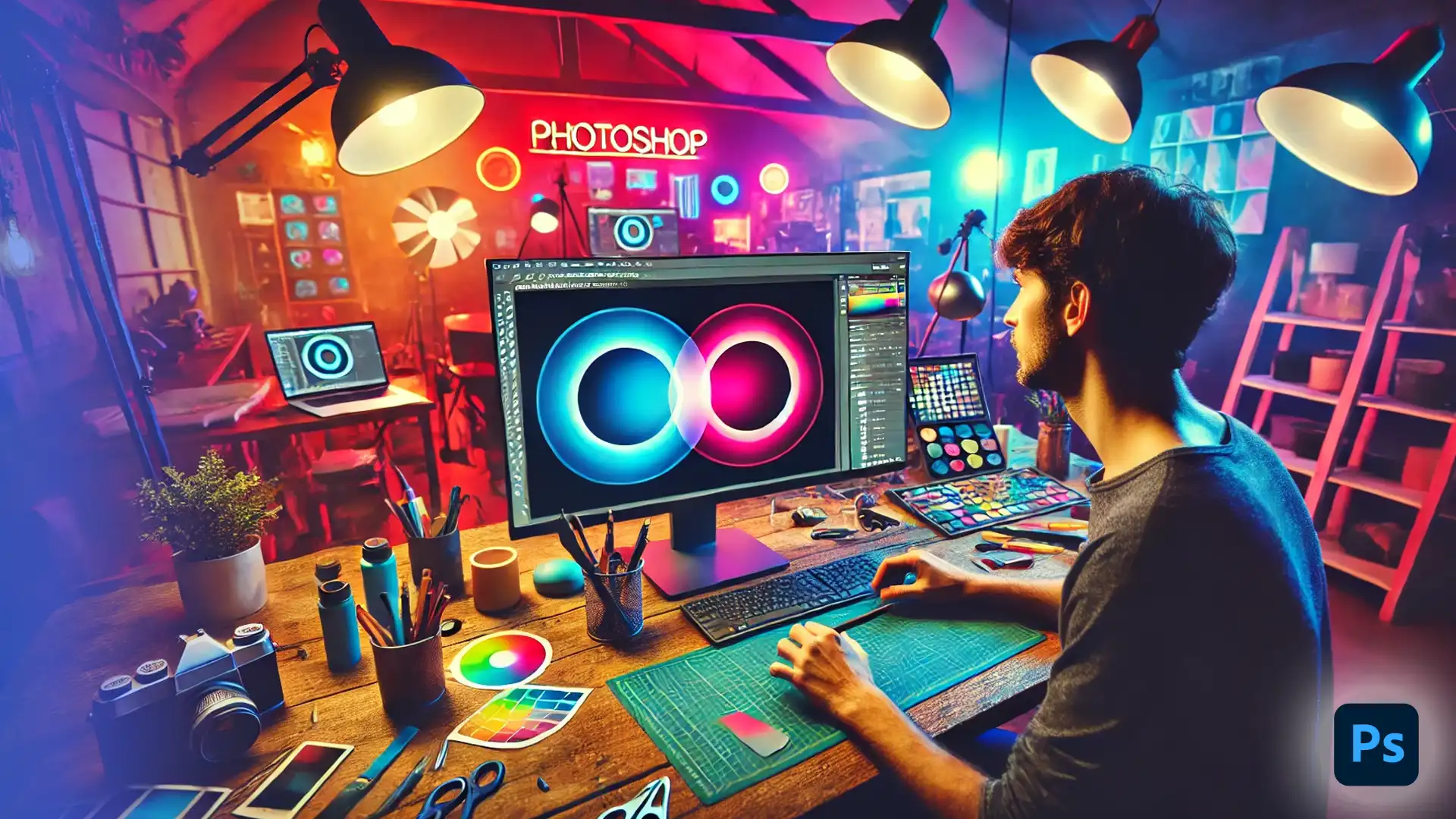 A graphic designer works on a project in Photoshop, where two overlapping ellipse shapes-one blue and one pink-are displayed on the computer screen. The creative studio is filled with colorful lighting and design tools.