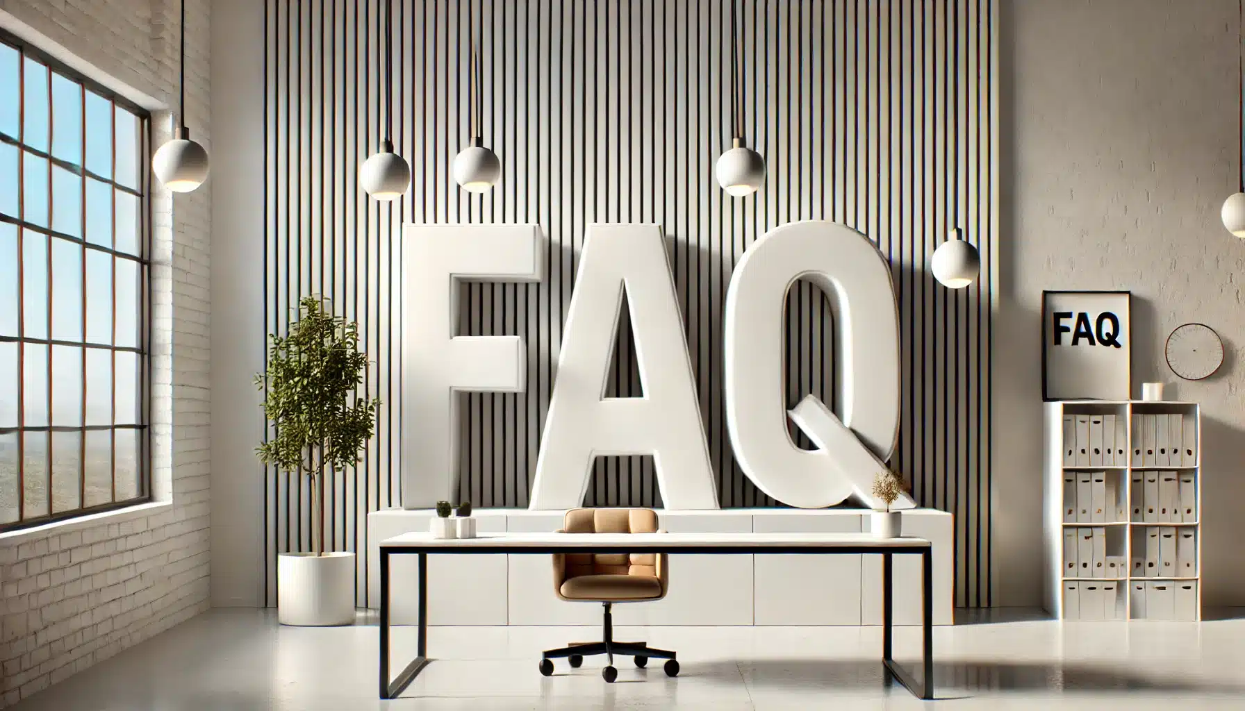 Modern office interior with a large 'FAQ' sign in bold letters behind a desk, representing a frequently asked questions section for drawing PS vs AI.