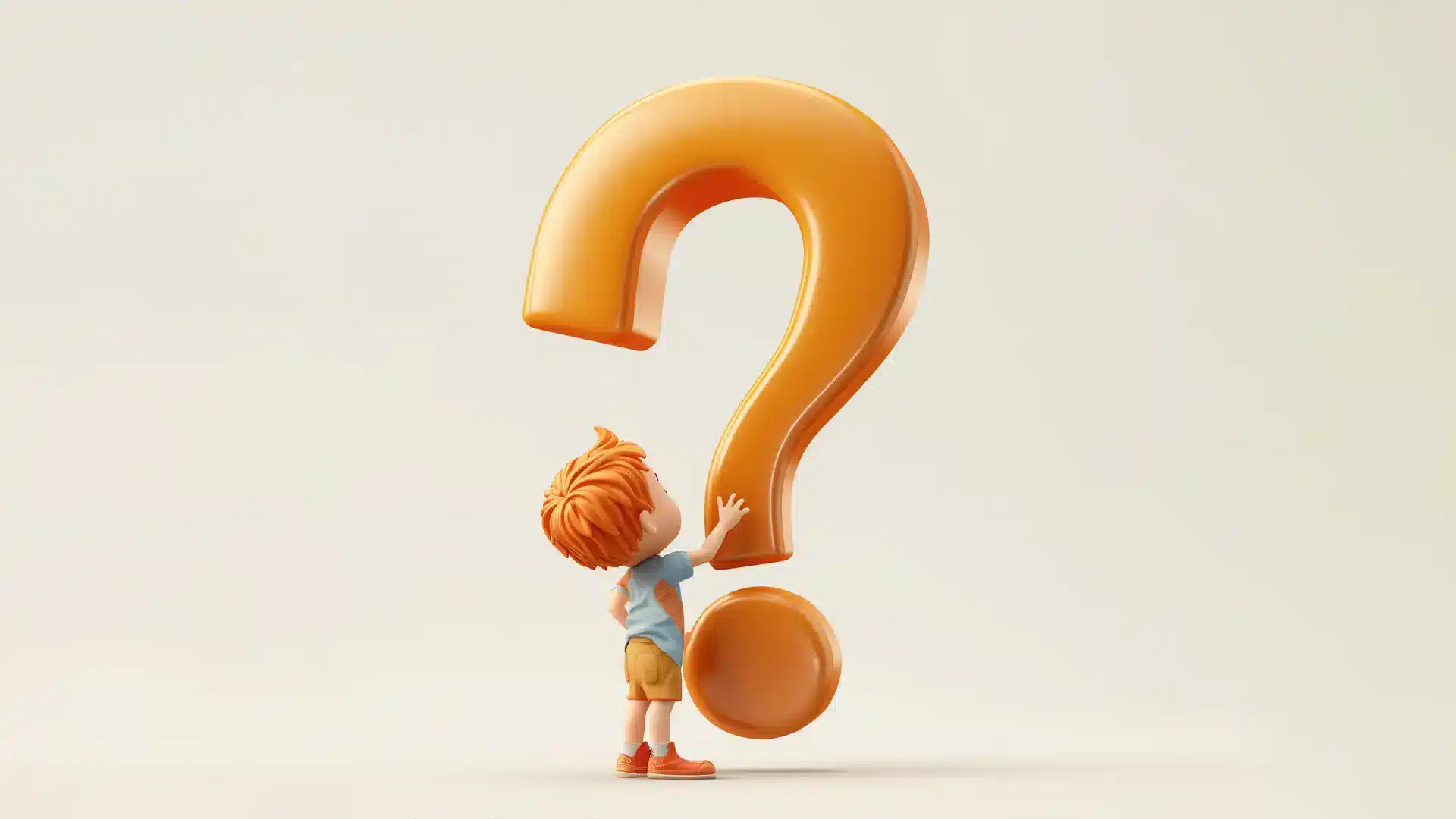 A child with orange hair, wearing a blue top and beige shorts, is pushing against a large, three-dimensional question mark.