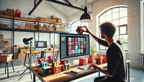 Designer adding blocks representing typography to a computer screen in a creative workspace while using Ps