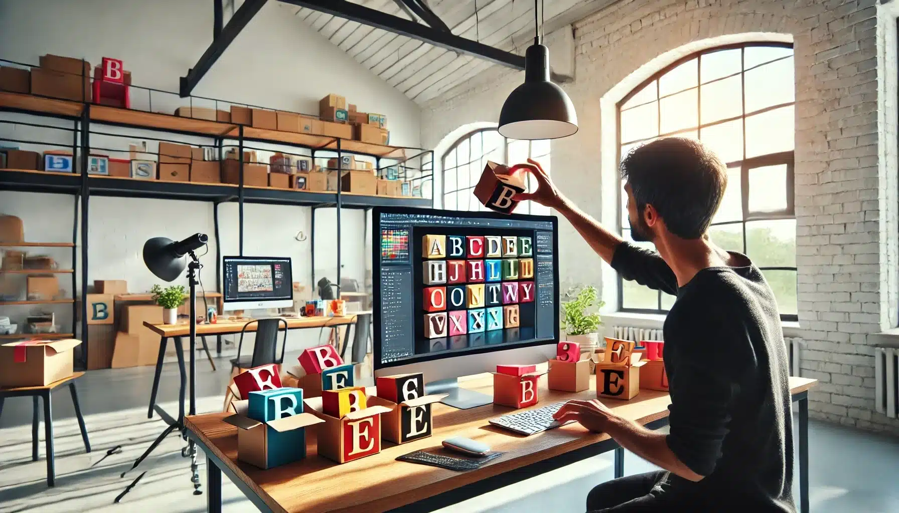Designer adding blocks representing typography to a computer screen in a creative workspace while using Ps