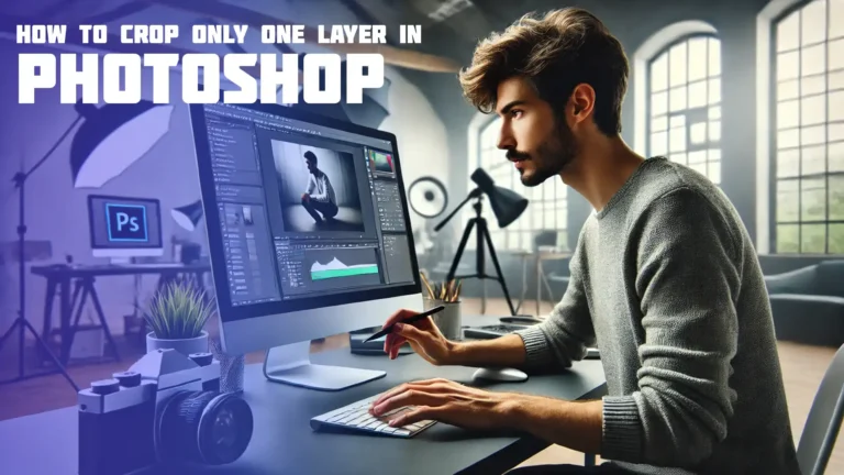 A photographer working in a modern studio setting, focused on cropping a layer in photo editing software like Photoshop on a computer screen.