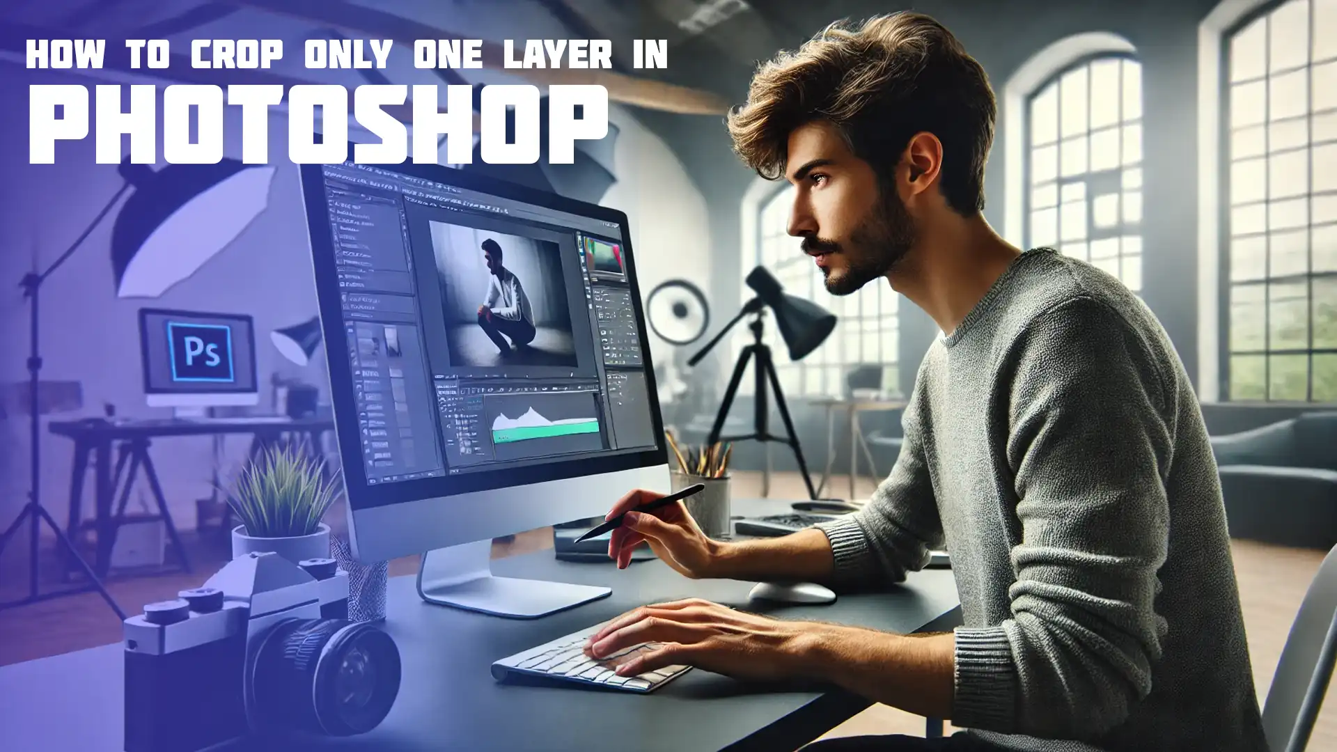 A photographer working in a modern studio setting, focused on cropping a layer in photo editing software like Photoshop on a computer screen.