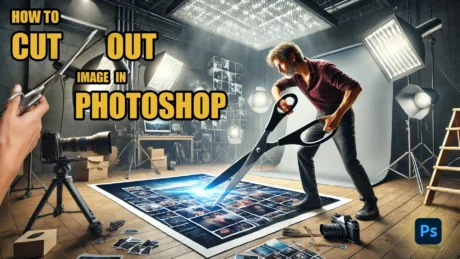 A man holding giant scissors to cut a printed collage of photos on the floor in a photography studio, with the text "How to Cut Out an Image in Photoshop."
