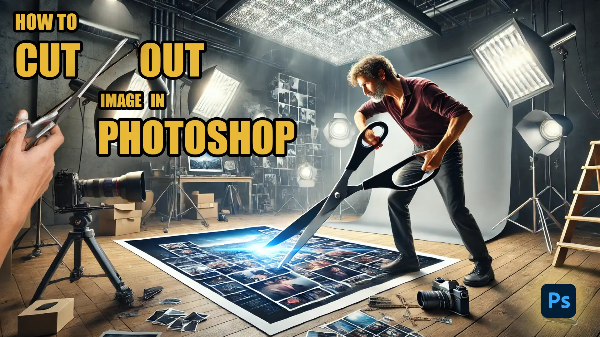 A man holding giant scissors to cut a printed collage of photos on the floor in a photography studio, with the text "How to Cut Out an Image in Photoshop."